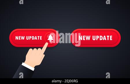 New update 3D button with hand clicking. Hand push the button New update. New update button icon set. For website. Vector on isolated background. EPS Stock Vector