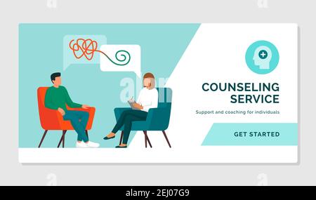 Patient meeting a counselor and talking together, mental health and support concept Stock Vector