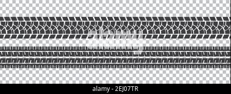 Set of seamless car tire tracks isolated on transparent background, seamless vector Stock Vector