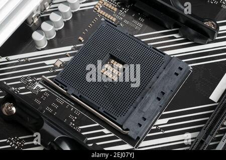 Chipset socket on a computer motherboard close-up shot Stock Photo