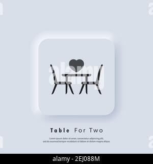 Table for two. Table and chairs. Dining table and chairs for two people. Vector. UI icon. Neumorphic UI UX white user interface web button. Stock Vector