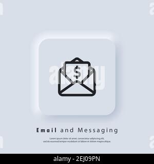 Email and messaging icon. Envelope with dolar. Email Icon. Newsletter logo. Email marketing campaign. Vector EPS 10. UI icon. Neumorphic UI UX white u Stock Vector