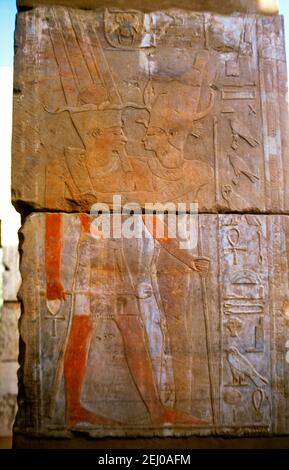 Elephantine Island Aswan Egypt Ruins of Yebu Satet Goddess of the Inundation ( Right ) Embracing a Pharoah Stock Photo