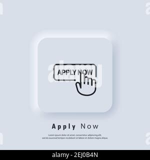 Apply now icon. Apply now button with hand cursor. Apply now logo. Vector. UI icon. Neumorphic UI UX white user interface web button. Stock Vector