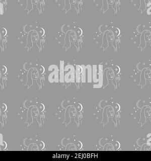 Seamless pattern with single line drawing of woman portrait with moon and stars Stock Vector