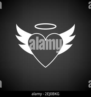 Valentine Heart With Wings And Halo Icon. White on Black Background. Vector Illustration. Stock Vector