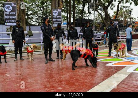 RAB dog squad inspect in front of Central Shaheed Minar in the capital as part of stepped-up security measures ahead of International Mother Language Day and Shaheed Dibosh in Dhaka, Bangladesh on February 18, 2021. Stock Photo