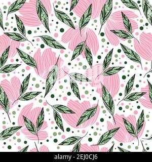 Abstract floral pattern design with pink flowers and leaves in motion Stock Vector