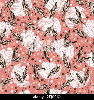Abstract floral pattern design with flowers, leaves and dots on orange background Stock Vector