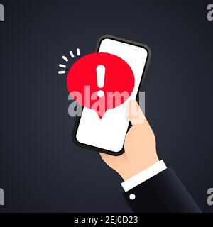 Mobile phone screen with a warning about spam, secure connection, fraud, virus. Phone alarm notice and new message. Danger error alerts, computer viru Stock Vector