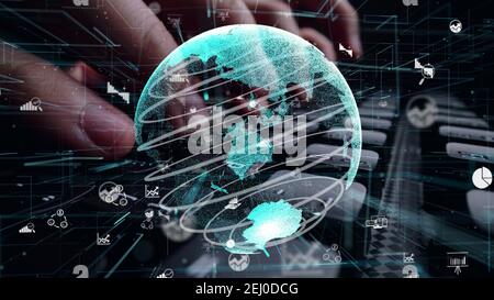 Man working on computer with graphic of business data analytic modernization showing concept of statistical investment decision making methodology Stock Photo