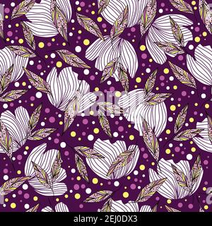 Abstract floral pattern design with flowers, leaves and dots on a purple background Stock Vector