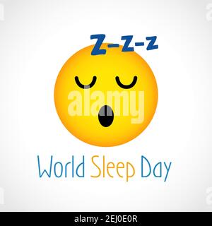 Happy World Sleep Day creative congrats concept. Funny 3D dreaming face icon, text. Holiday invitation poster. Isolated abstract graphic design templa Stock Vector