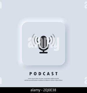 Podcast icon. Microphone icon. Logo, application, user interface. Podcast radio icons. Vector. Neumorphic UI UX white user interface web button. Neumo Stock Vector