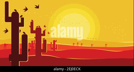 Desert Sunset stock illustration veector with cactus and birds and camels Stock Vector