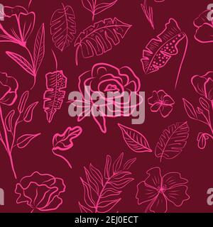 Vector seamless pattern of hand draw flower outline fuchsia color and tropical leaves. Botany maroon background, jungle  wallpaper. Stock Vector