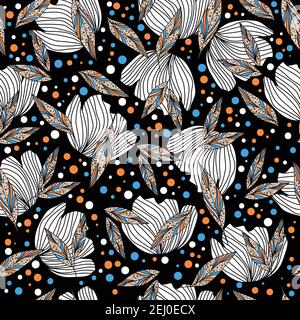 Abstract floral pattern design with flowers, leaves and dots on a black background Stock Vector