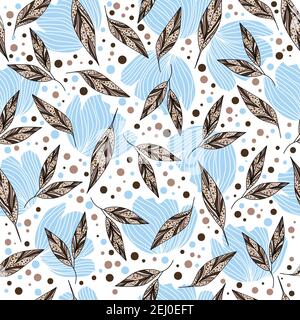 Abstract floral pattern design with peach-colored flowers, leaves and dots on a transparent background Stock Vector