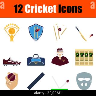 Cricket Icon Set. Flat Design. Fully editable vector illustration. Text expanded. Stock Vector