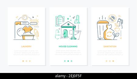 Housekeeping services - line design style web banners with copy space for text. Household chores idea. Laundry, house cleaning, sanitation works illus Stock Vector