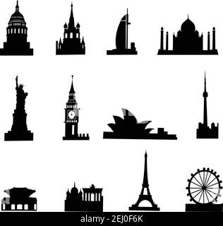 Travel Landmark Icons - Silhouette Vector stock illustration isolated in white background Stock Vector