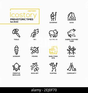 Prehistoric times - line design style icons set. Human prehistory, Bronze age educational theme. Activities, culture, daily life of a primitive. Mammo Stock Vector