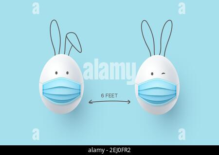 Social distancing concept with cute Easter eggs in medical masks and ears of bunny. Animal character in realistic style. Coronavirus, Covid-19 protect Stock Vector