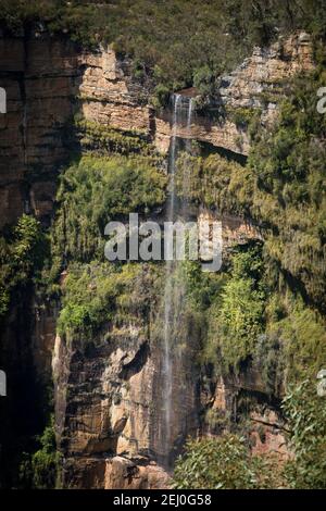 Govett's Leap waterfall from Govett's Leap Lookout, Blackheath, Blue Mountains, New South Wales, Australia. Stock Photo