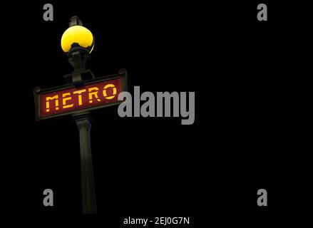 Vintage Metro Sign In France At Night, With Copy Space Stock Photo