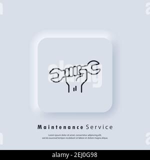 Maintenance services icon. Professional Handy Logo services. Hand holding wrench. Vector. UI icon. Neumorphic UI UX white user interface web button. N Stock Vector