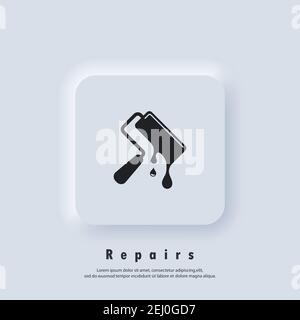 Repairs logo. Paint roller with drops. Repairs icon. Paint roller icons. Vector. UI icon. Neumorphic UI UX white user interface web button. Neumorphis Stock Vector