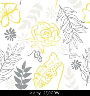 Seamless pattern of ultimate gray hand draw tropical leaves of palm tree and illuminating yellow flowers. Botany light vector background, jungle  wall Stock Vector