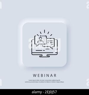 Live webinar banner. Watching on laptop online streaming, video training, seminar. Vector. UI icon. Neumorphic UI UX white user interface web button. Stock Vector