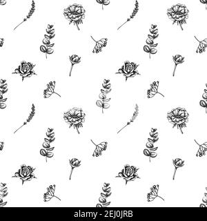 Seamless pattern with black and white roses, anemone, eucalyptus, lavender, peony, viburnum Stock Vector