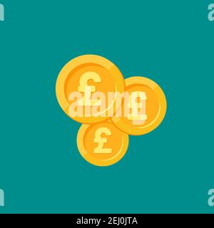 Gold pound sterling coins on turquoise background. Flat vector illustration. Economy, finance, money wallpaper. Income presentation. Business backgrou Stock Vector