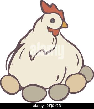 Vector illustration of farm hen with eggs isolated on a white background. Stock Vector