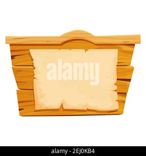 Banner from wood planks with piece of paper, parchment in cartoon style, wild west frame, board Isolated on white background. Ui game assets, empty te Stock Vector