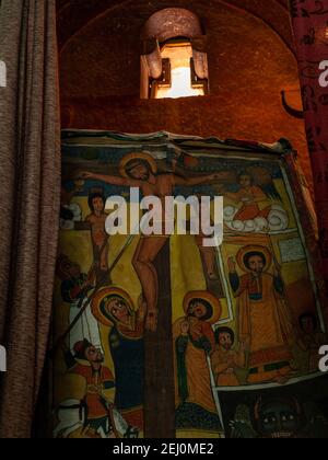 Crucification painting inside Bet Golgotha church in lalibela Stock Photo