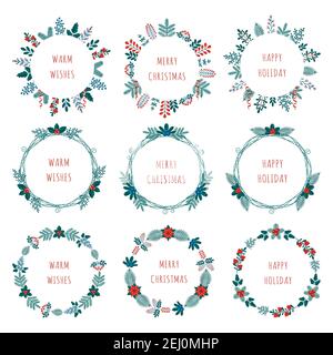 Merry Christmas collection of nine greeting cards with winter plants frame - wreath in flat style. Stock vector illustrations with botanical symbols o Stock Vector