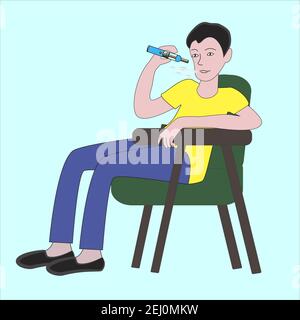 The guy sits relaxed in a chair and smokes an electronic cigarette. Stock Vector