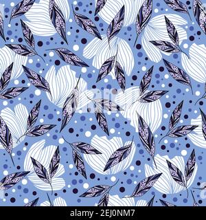 Abstract floral pattern design with flowers, leaves and dots on a blue background Stock Vector