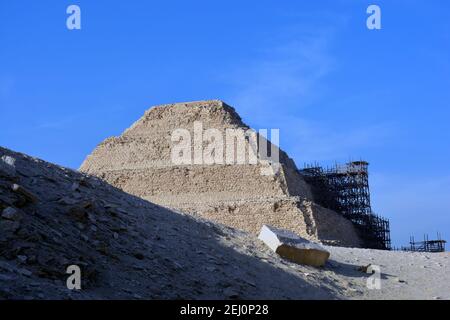 The step Pyramid of Djoser or Zoser in the Saqqara necropolis in Giza Egypt, Saqqara pyramid in Egypt, 6-tier, 4-sided structure. Stock Photo
