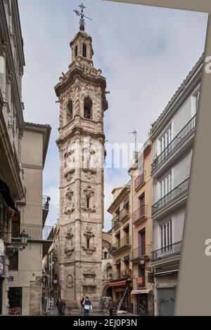 Tower of the Temple of Santa Catalina Mártir, a 13th century gothic church in the city of Valencia, Spain, Europe Stock Photo