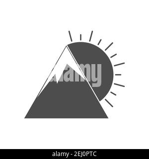 Icon of the sun and mountains. Sunset in the mountains. Vector illustration, flat style. Stock Vector