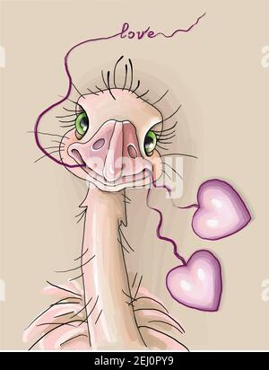 vector illustration on a colored background cheerful ostrich with love Stock Vector