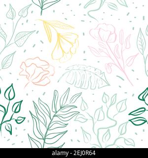 Vector seamless pattern of hand draw tropical leaves and  flowers. Botany light background, jungle  wallpaper. Stock Vector