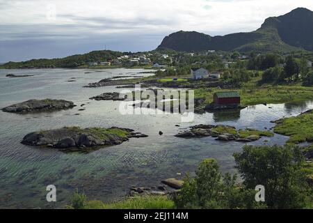 Lofoten, Lofoty, Norway, Norwegen; Rocky mountains and the sea - a typical summer landscape in northern Norway behind the Arctic Circle. Stock Photo