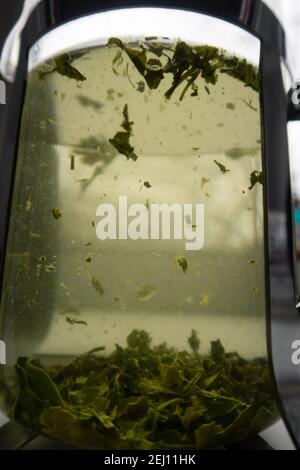 Leafs of green tea being brewed in a transparent teapot Stock Photo