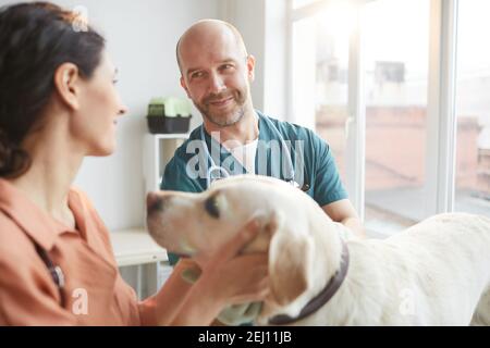 Waist up portrait of mature veterinarian smiling at young woman while examining white dog, copy space Stock Photo
