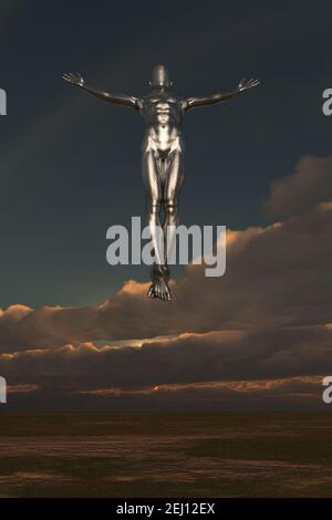 Droid ascension over empty landscape. 3d rendering Stock Photo